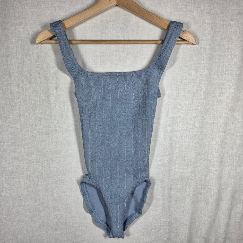 Hunza G One Piece Swimsuit Womens OS Blue Ribbed Crinkle Square Neck Low Back